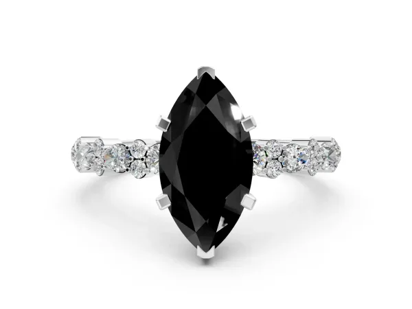 Fancy Black Marquise Cut Diamond Side Stone Solitaire Ring with Round and Four-Prong Setting White gold