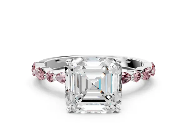 Asscher Cut Diamond Ring with Marquise and Round Morganite Side Stones and Four-Prong Setting Platinum