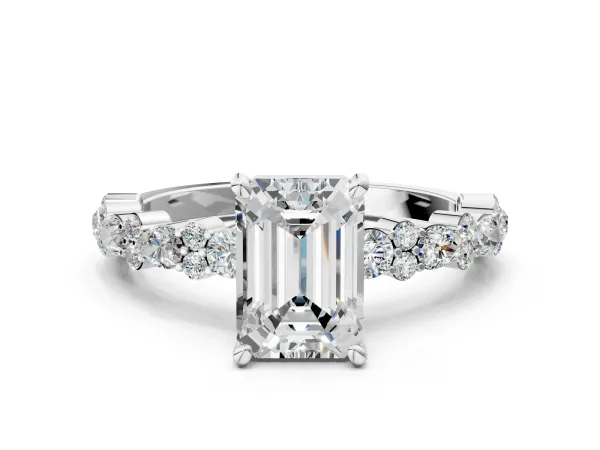 Emerald Cut Diamond Side Stone Solitaire Ring with Round and Four-Prong Setting White gold