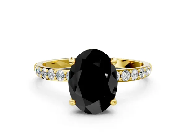 Fancy Black Oval Cut Diamond Solitaire Ring with Round Pavé Band and Prong Setting Yellow gold