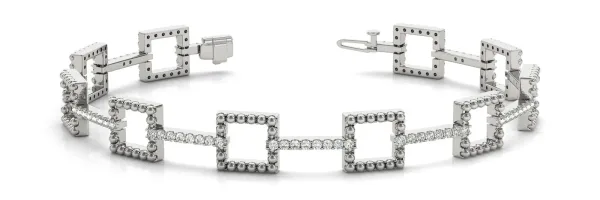 Beaded Square Link Bracelet with Round Cut Diamonds and Channel Setting White gold