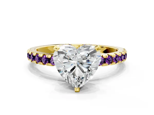 Heart Cut Diamond Solitaire Ring with Round Amethyst Pavé Band and Four-Prong Setting Yellow gold