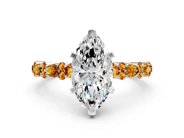Marquise Cut Diamond Side Stone Solitaire Ring with Round Citrine and Four-Prong Setting White gold