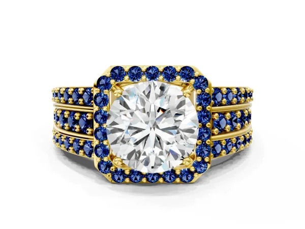 Round Cut Halo Diamond Ring with Round Blue Sapphire Split Shank and Prong Setting Yellow gold