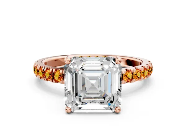 Asscher Cut Diamond Pave Band Solitaire Ring with Round Citrine and Prong Setting Rose gold