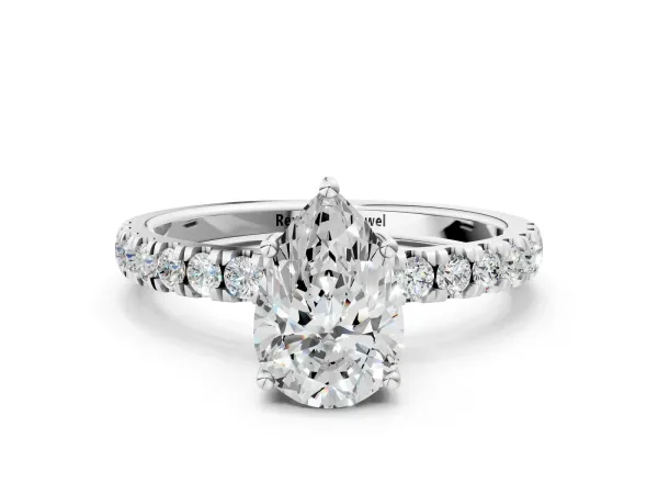 Pear Cut Diamond Pave Band Solitaire Ring with Round Moissanite and Prong Setting Platinum