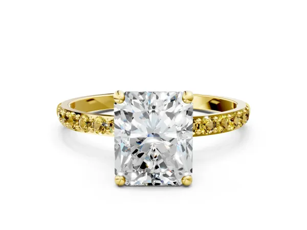 Radiant Cut Diamond Solitaire Ring with Round Yellow Sapphire Pavé Band and Prong Setting Yellow gold