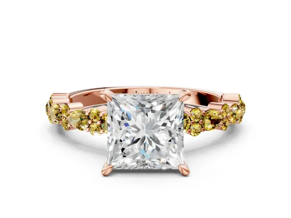 Princess Cut Diamond Side Stone Solitaire Ring with Round Yellow Sapphire and Four-Prong Setting Rose gold