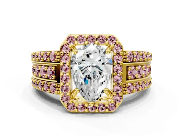 Pear Cut Halo Diamond Ring with Round Morganite Split Shank and Prong Setting Yellow gold