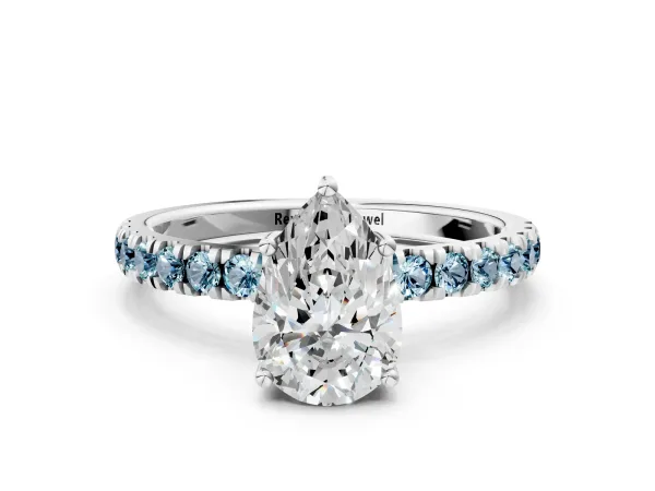 Pear Cut Diamond Pave Band Solitaire Ring with Round Aquamarine and Prong Setting Platinum