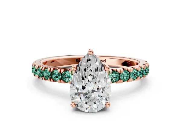 Pear Cut Diamond Pave Band Solitaire Ring with Round Green Sapphire and Prong Setting Rose gold