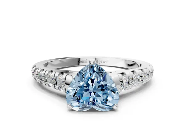 Fancy Blue Heart Cut Diamond Cathedral Solitaire Ring with Round Pavé Band Platinum