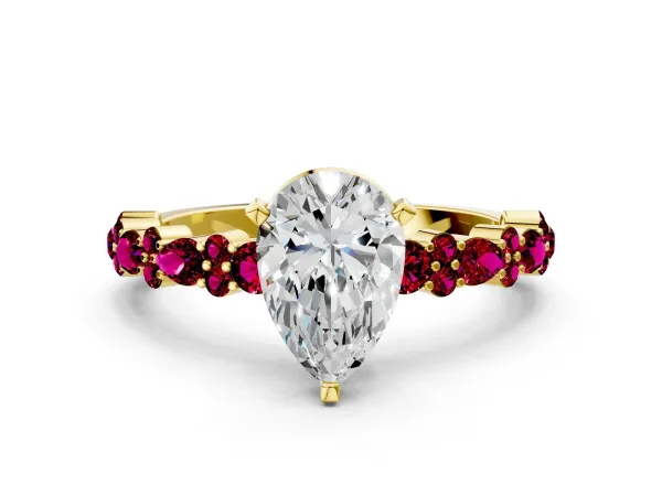 Pear Cut Diamond Side Stone Solitaire Ring with Round Garnet and Four-Prong Setting Yellow gold