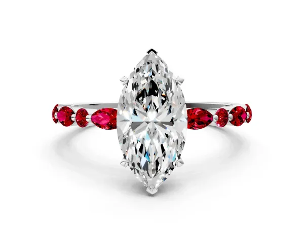 Marquise Cut Diamond Ring with Marquise and Round Ruby Side Stones and Four-Prong Setting White gold