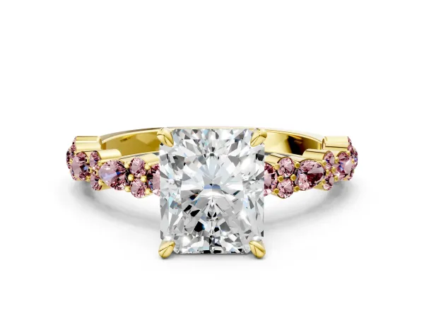 Radiant Cut Diamond Side Stone Solitaire Ring with Round Morganite and Four-Prong Setting Yellow gold