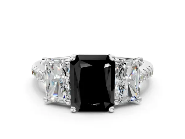 Fancy Black Three-Stone Radiant Cut Diamond Ring with Round Pavé Band and Prong Setting White gold