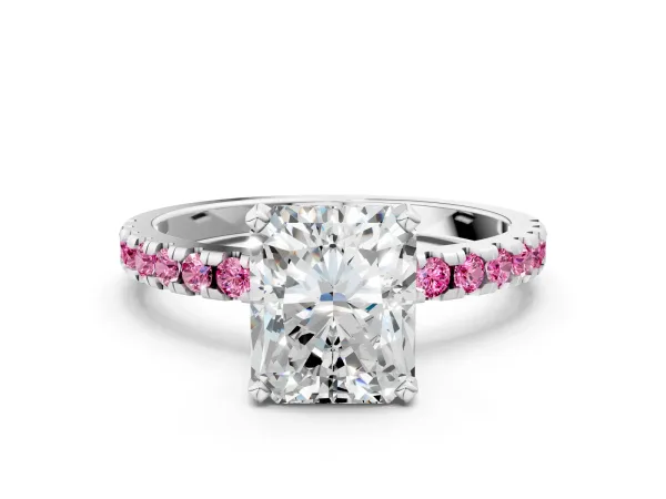Radiant Cut Diamond Solitaire Ring with Round Pink Sapphire Pavé Band and Four-Prong Setting Silver