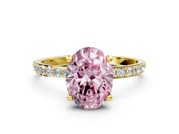 Fancy Pink Oval Cut Diamond Solitaire Ring with Round Pavé Band and Prong Setting Yellow gold