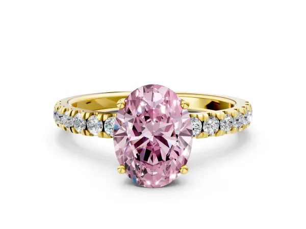 Fancy Pink Oval Cut Diamond Pave Band Solitaire Ring with Round and Prong Setting Yellow gold