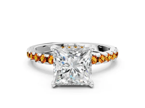 Princess Cut Diamond Solitaire Ring with Round Citrine Pavé Band and Four-Prong Setting Platinum