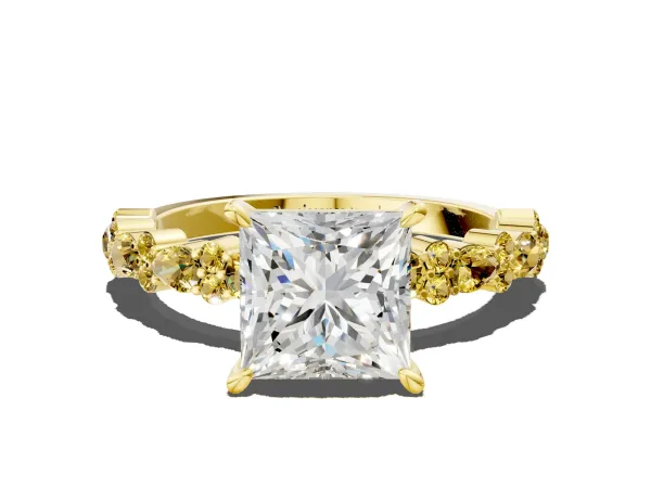 Princess Cut Diamond Side Stone Solitaire Ring with Round Yellow Sapphire and Four-Prong Setting Yellow gold