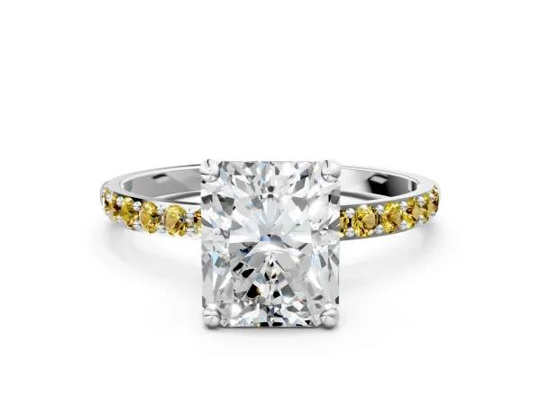 Radiant Cut Diamond Solitaire Ring with Round Yellow Sapphire Pavé Band and Prong Setting Silver
