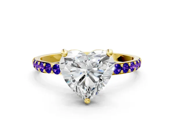 Heart Cut Diamond Solitaire Ring with Round Tanzanite Pavé Band and Prong Setting Yellow gold