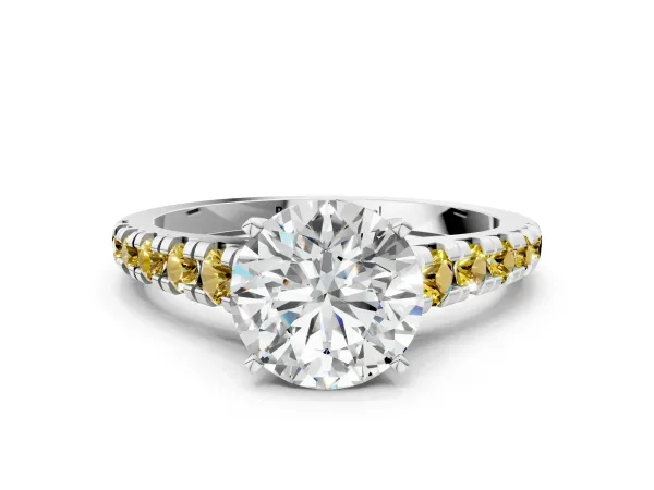 Round Cut Diamond Cathedral Solitaire Ring with Round Yellow Sapphire Pavé Band White gold