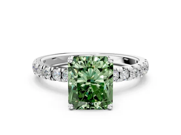 Fancy Green Radiant Cut Diamond Pave Band Solitaire Ring with Round and Prong Setting Silver