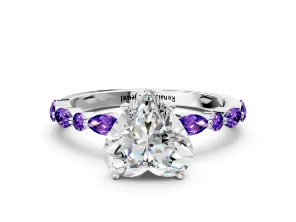 Heart Cut Diamond Ring with Marquise and Round Tanzanite Side Stones and Four-Prong Setting Platinum