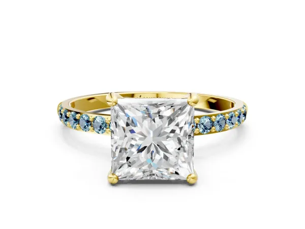 Princess Cut Diamond Solitaire Ring with Round Aquamarine Pavé Band and Prong Setting Yellow gold