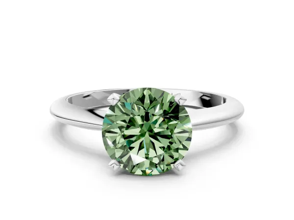 Fancy Green Round Cut Diamond Solitaire Engagement Ring with Classic Band and Four-Prong Setting Silver