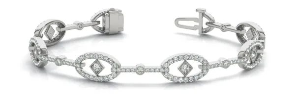 Pavé Diamond Oval Link Bracelet with Round Brilliant Cut Stones and Four-Prong Setting White gold