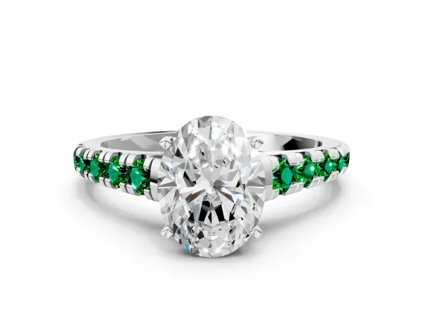 Oval Cut Diamond Cathedral Solitaire Ring with Round Emerald Pavé Band White gold