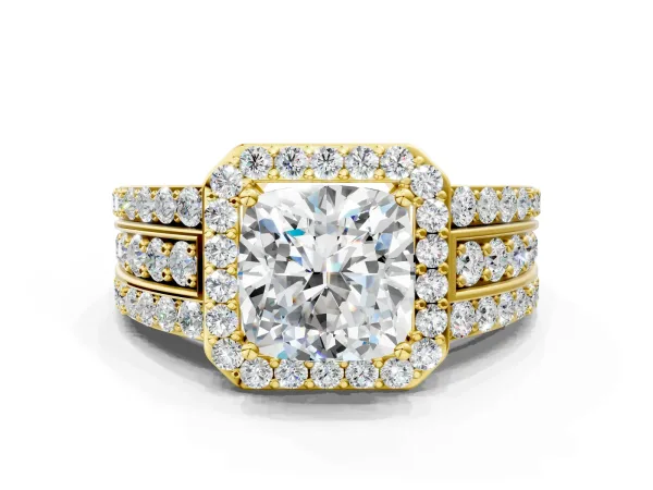 Cushion Cut Halo Diamond Ring with Round Moissanite Split Shank and Prong Setting Yellow gold