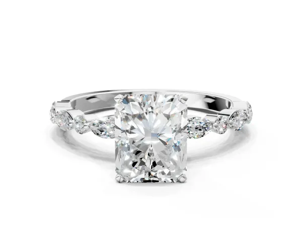 Radiant Cut Diamond Ring with Marquise and Round Side Stones and Four-Prong Setting Platinum