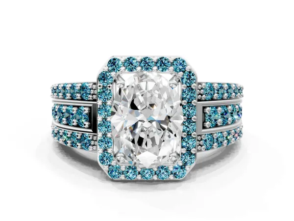 Oval Cut Halo Diamond Ring with Round Blue Topaz Split Shank and Prong Setting White gold