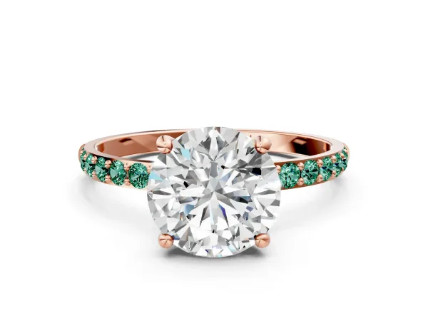 Round Cut Diamond Solitaire Ring with Round Green Sapphire Pavé Band and Prong Setting Rose gold