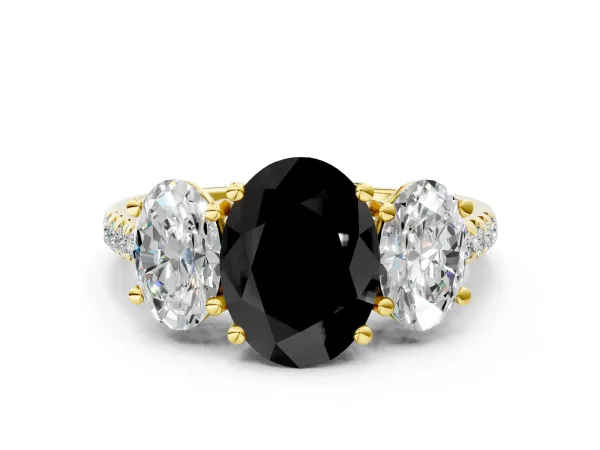 Fancy Black Three-Stone Oval Cut Diamond Ring with Round Pavé Band and Prong Setting Yellow gold