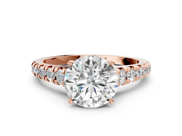 Round Cut Diamond Cathedral Solitaire Ring with Round Moissanite Pavé Band Rose gold