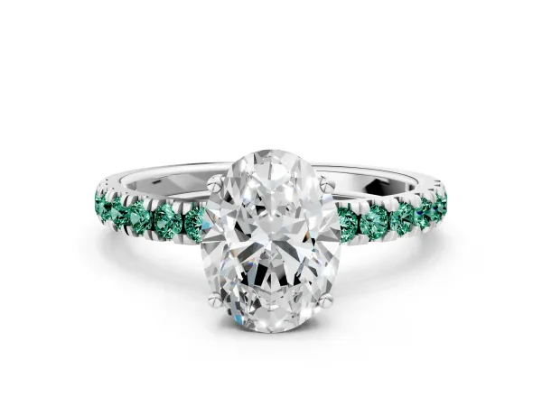 Oval Cut Diamond Pave Band Solitaire Ring with Round Green Sapphire and Prong Setting Platinum
