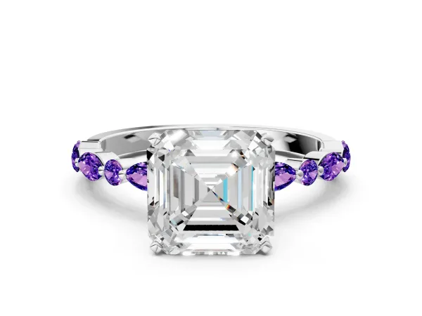 Asscher Cut Diamond Ring with Marquise and Round Tanzanite Side Stones and Four-Prong Setting White gold