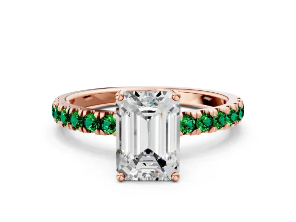 Emerald Cut Diamond Pave Band Solitaire Ring with Round Emerald and Prong Setting Rose gold