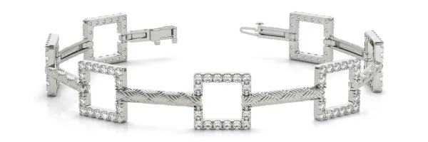 Square Diamond Pavé Link Bracelet with Textured Band and Four-Prong Setting White gold