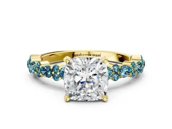 Cushion Cut Diamond Side Stone Solitaire Ring with Round Blue Topaz and Four-Prong Setting Yellow gold