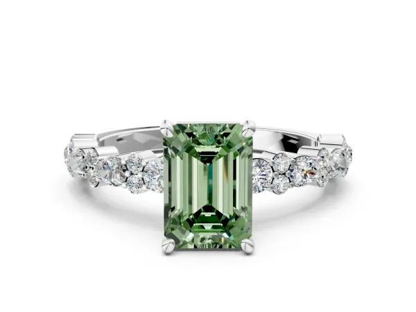Fancy Green Emerald Cut Diamond Side Stone Solitaire Ring with Round and Four-Prong Setting Platinum