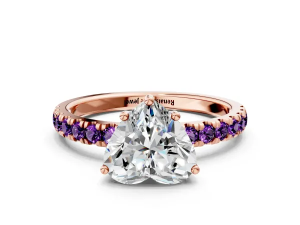 Heart Cut Diamond Pave Band Solitaire Ring with Round Amethyst and Prong Setting Rose gold