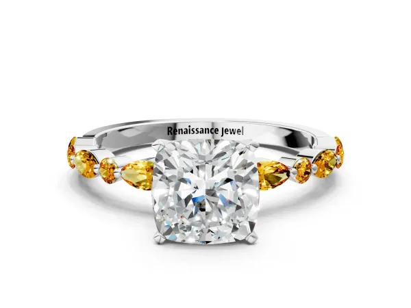 Cushion Cut Diamond Ring with Marquise and Round Citrine Side Stones and Four-Prong Setting Platinum