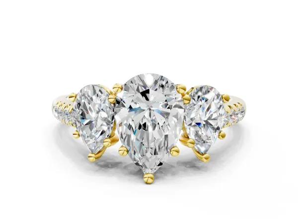 Three-Stone Pear Cut Diamond Ring with Round Moissanite Pavé Band and Prong Setting Yellow gold