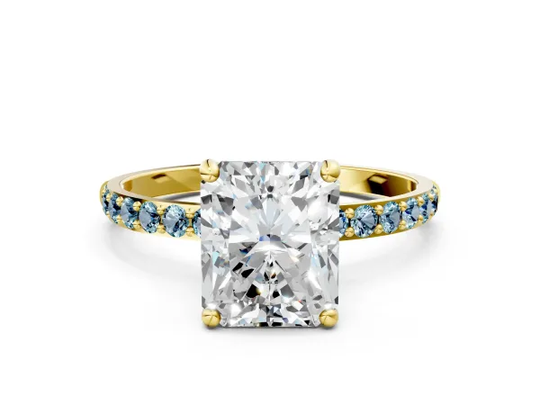 Radiant Cut Diamond Solitaire Ring with Round Aquamarine Pavé Band and Prong Setting Yellow gold